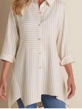Soft Surroundings Standout Asymmetrical Button Down Tunic  Tan And White Stripe